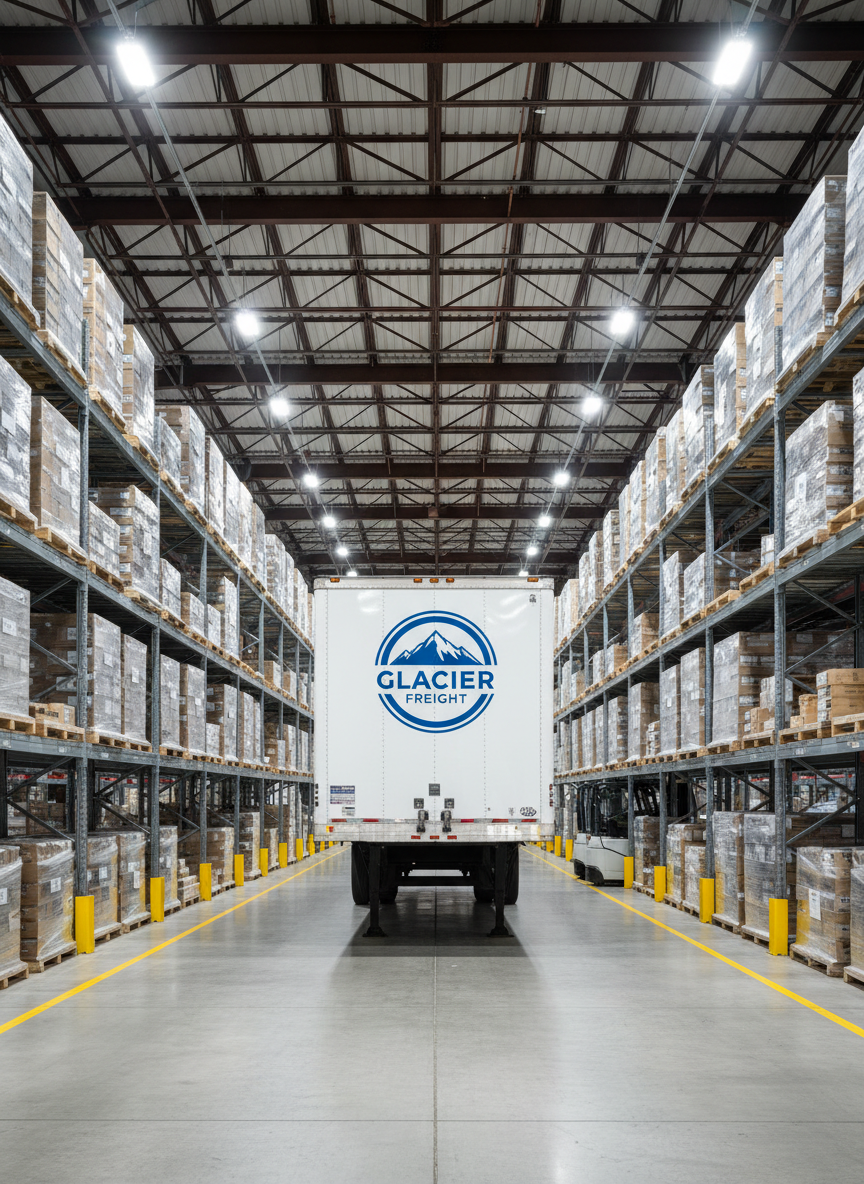 A polished white cargo trailer emblazoned with the GLACIER FREIGHT logo stands centered within a spacious indoor warehouse. The setting features high ceilings, impeccably stacked pallets, and industrial shelving, all organized with impeccable order. Bright, evenly distributed LED lighting overhead casts minimal shadows and reveals crisp details across the scene. The mood feels assured and orderly, suggesting precision and dependability. The composition utilizes a symmetrical layout shot from a straight-on angle, creating a balanced visual presentation. The image embodies photographic clarity, clean lines, and a neutral, professional palette fitting for a premier Canadian logistics business.