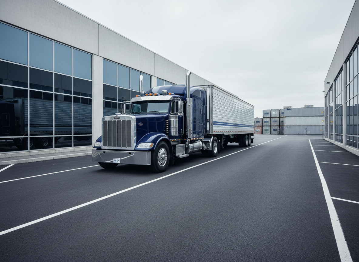 A gleaming, midnight blue freight truck with pronounced chrome detailing and a sleek, aerodynamic trailer is parked at a spotless logistics terminal. The truck rests on a flawlessly paved surface marked with crisp white lines, surrounded by minimalist concrete architecture and neat rows of cargo containers. Cool, diffused overcast light bathes the scene, accentuating clean lines and soft metallic reflections on the vehicle. The structured composition is captured from an eye-level perspective with a wide-angle lens, lending depth and scale. The atmosphere is professional and composed, exuding reliability and efficiency. Photographic realism and a modern, corporate aesthetic align perfectly with a premium logistics brand.